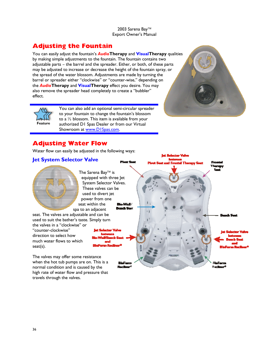 Adjusting the fountain, Adjusting water flow, Jet system selector valve | Dimension One Spas Sarena Bay User Manual | Page 42 / 56