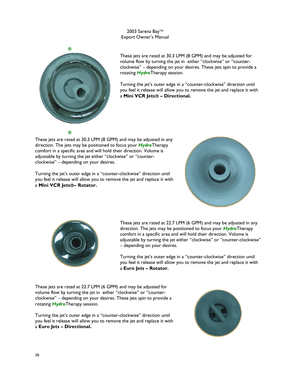 Mini vcr jets\( – rotator, Mini vcr jets\( – directional, Euro jets – directional | Euro jets – rotator, Mini vcr jets® – rotator, Mini vcr jets® – directional | Dimension One Spas Sarena Bay User Manual | Page 44 / 56