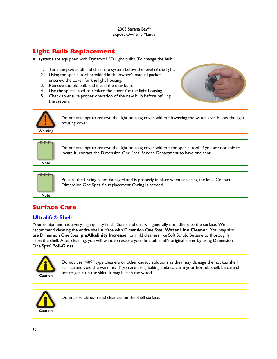 Light bulb replacement, Surface care, Ultralife( shell | Ultralife, Shell | Dimension One Spas Sarena Bay User Manual | Page 46 / 56