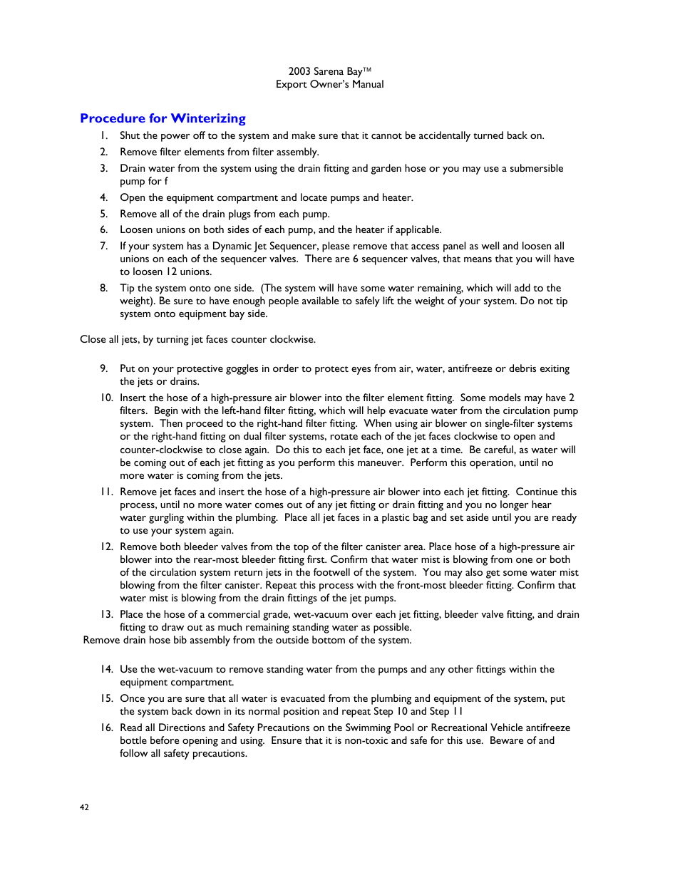Procedure for winterizing | Dimension One Spas Sarena Bay User Manual | Page 48 / 56