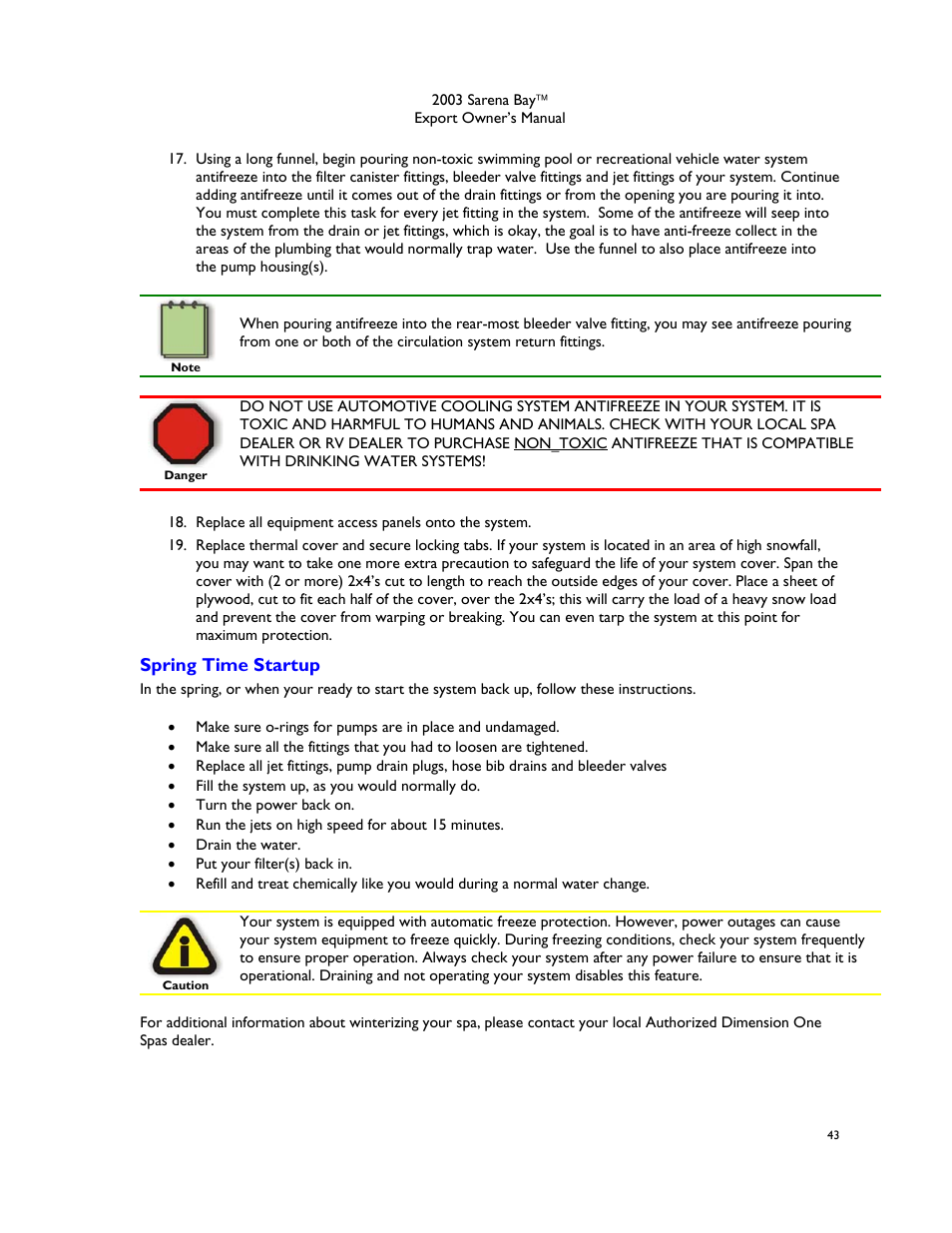 Spring time startup | Dimension One Spas Sarena Bay User Manual | Page 49 / 56