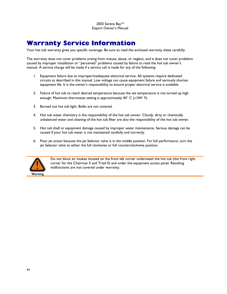 Warranty service information | Dimension One Spas Sarena Bay User Manual | Page 50 / 56