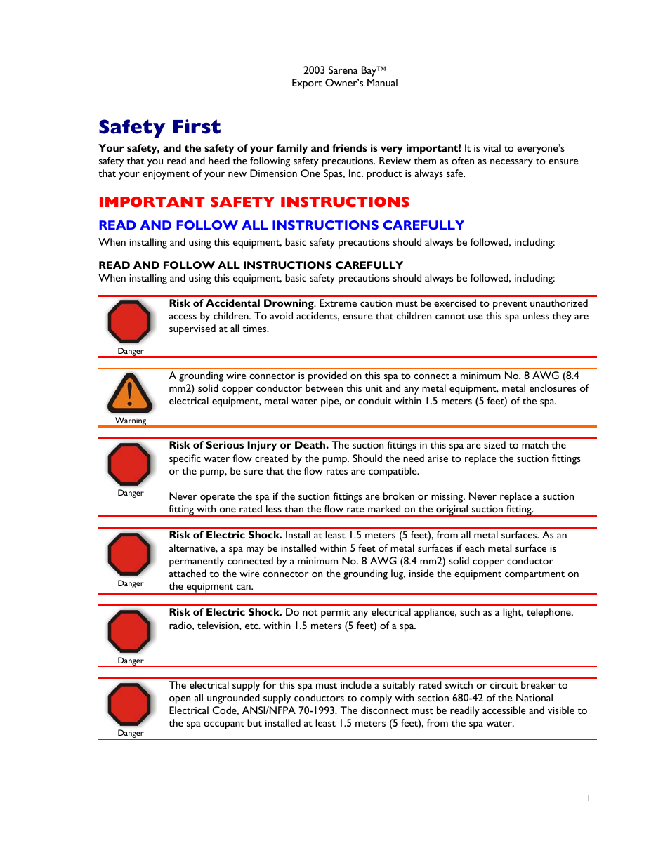 Safety first, Important safety instructions, Read and follow all instructions carefully | Dimension One Spas Sarena Bay User Manual | Page 7 / 56