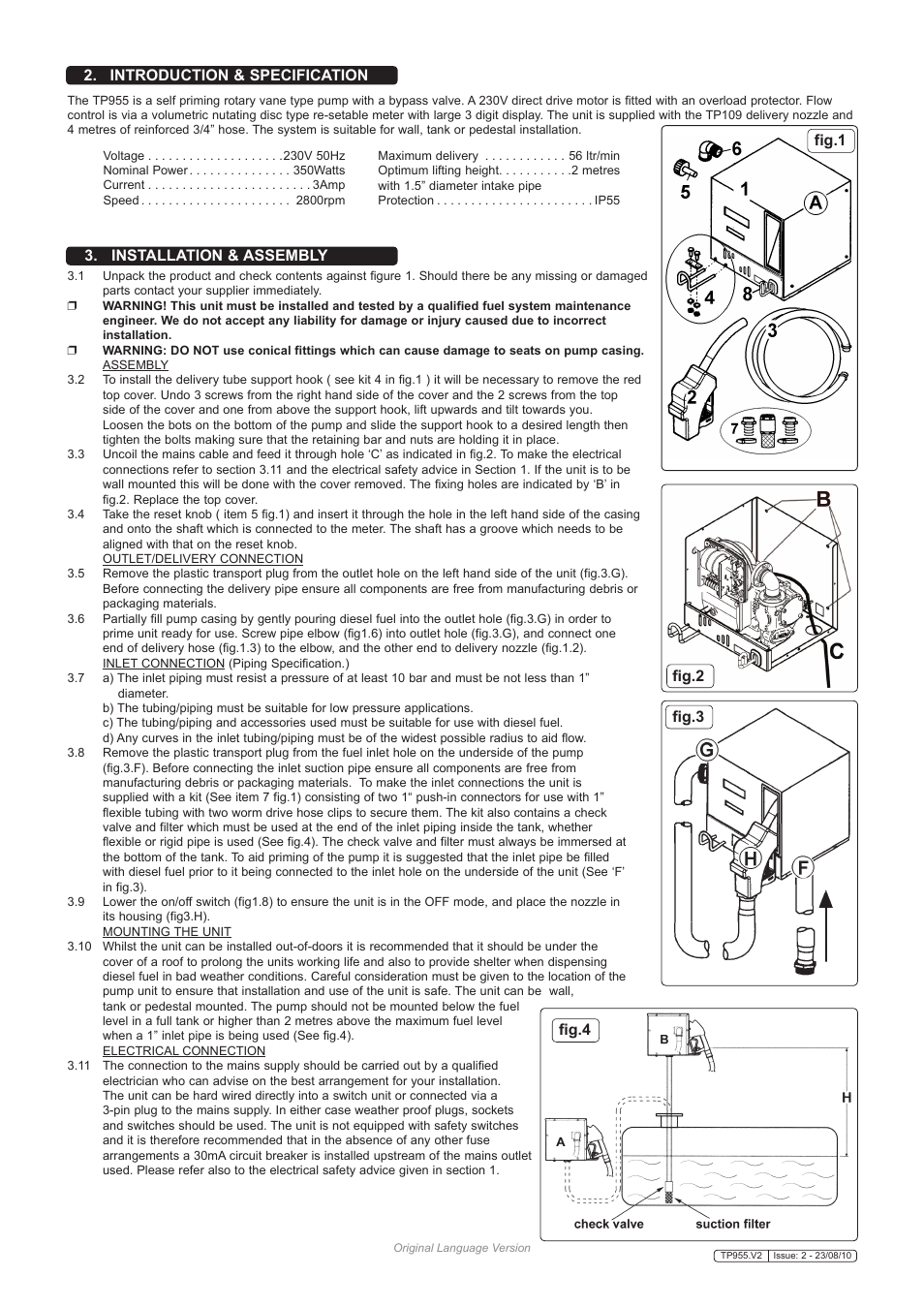 Introduction & specification, Installation & assembly, Fig.2 fig.3 fig.4 fig.1 | Sealey TP955 User Manual | Page 2 / 4