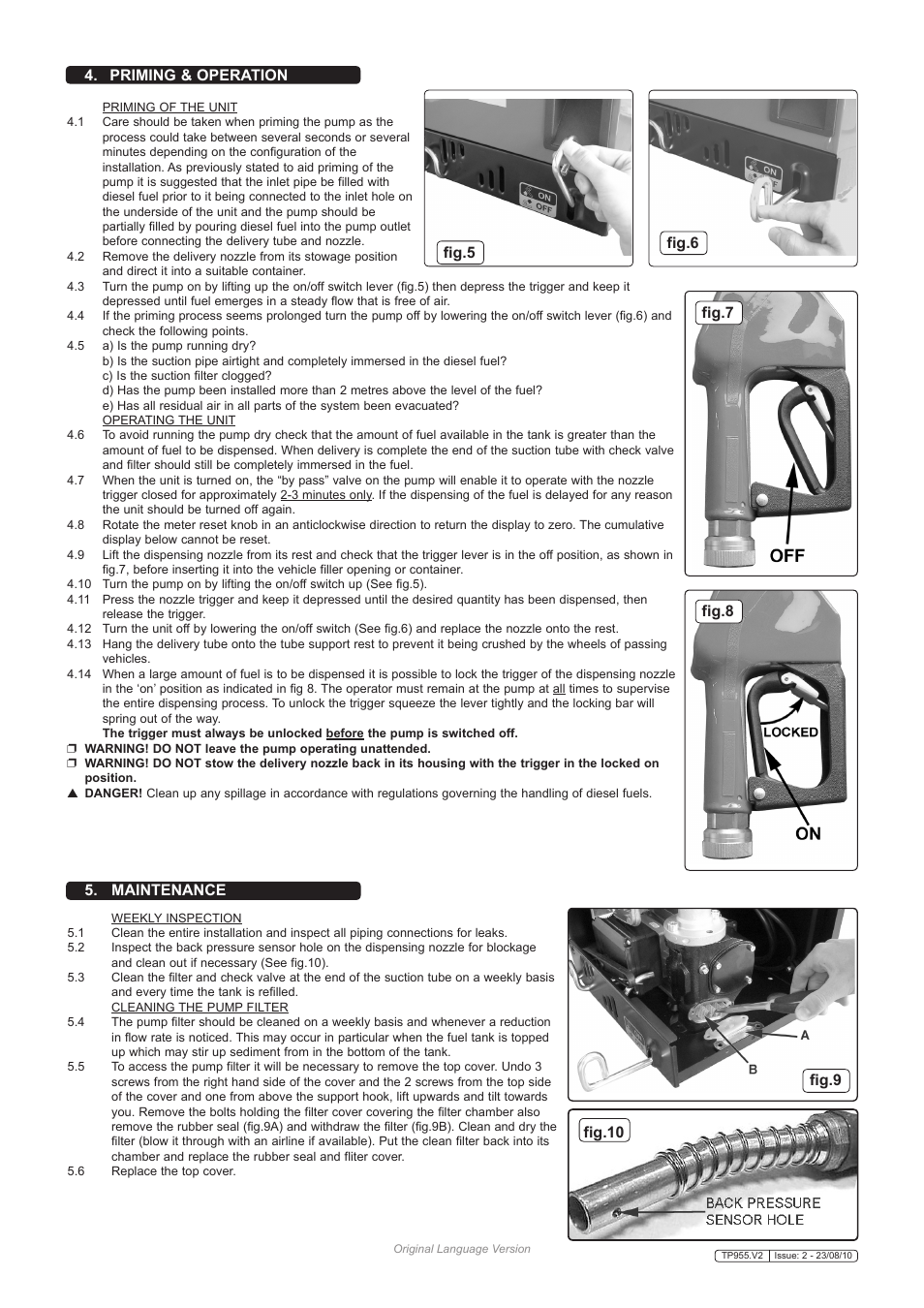 Priming & operation 5. maintenance, Fig.5 fig.6 | Sealey TP955 User Manual | Page 3 / 4