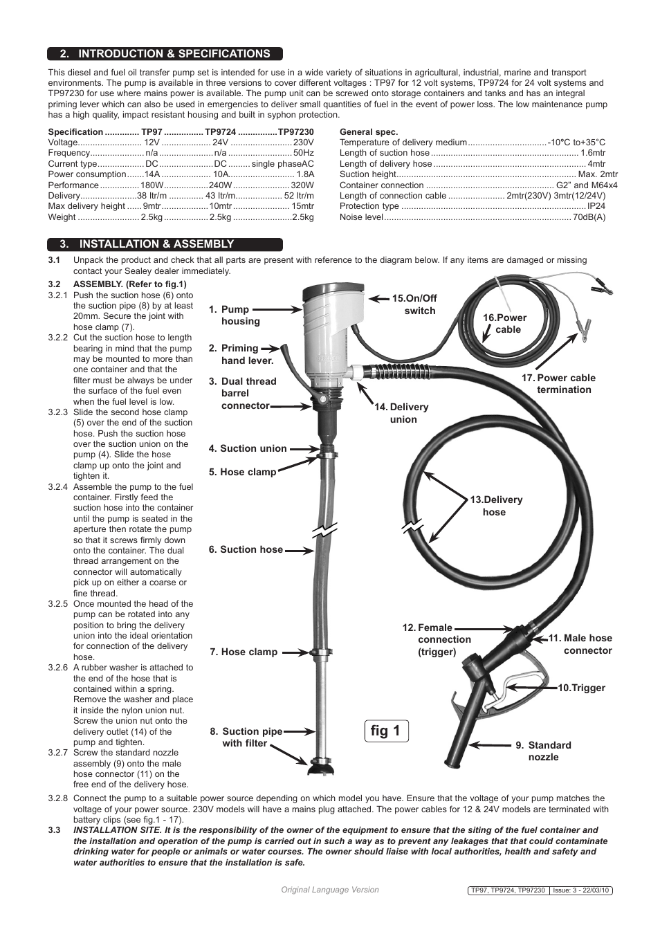 Fig 1, Introduction & specifications, Installation & assembly | Sealey TP97 User Manual | Page 2 / 4