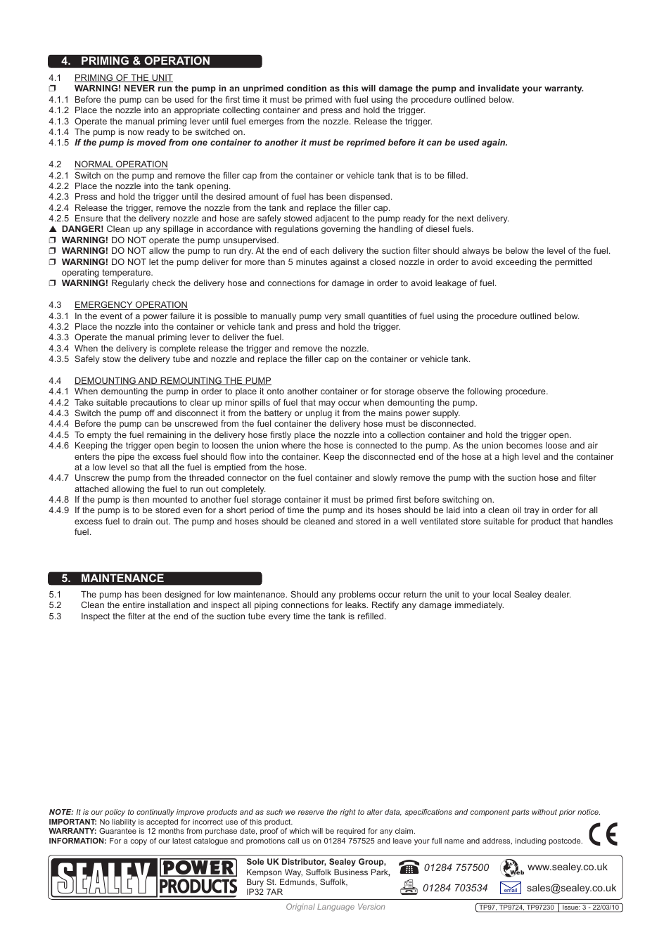 Priming & operation 5. maintenance | Sealey TP97 User Manual | Page 3 / 4