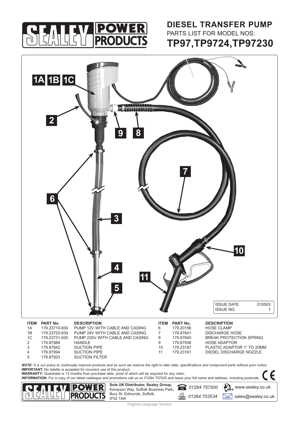 Diesel transfer pump, Parts list for model nos | Sealey TP97 User Manual | Page 4 / 4