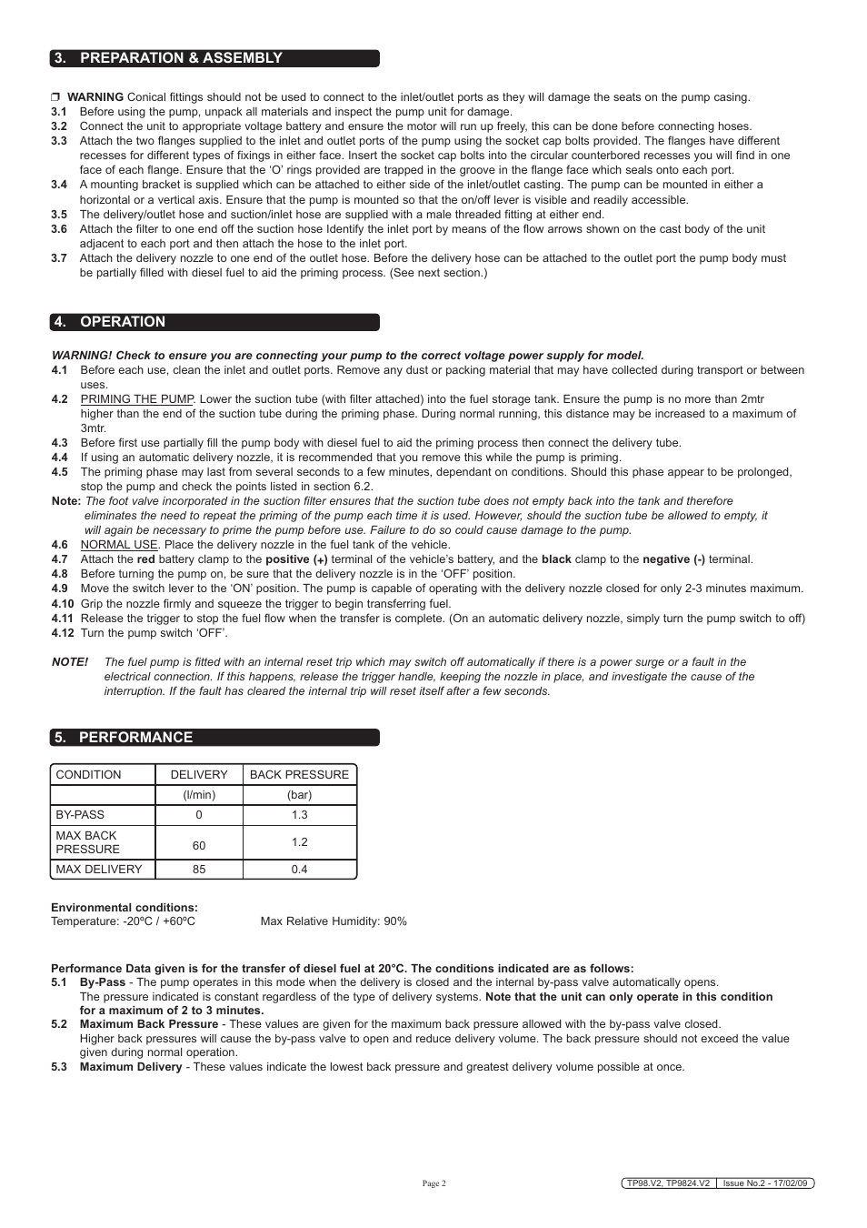 Preparation & assembly 4. operation, Performance | Sealey TP98 User Manual | Page 2 / 3
