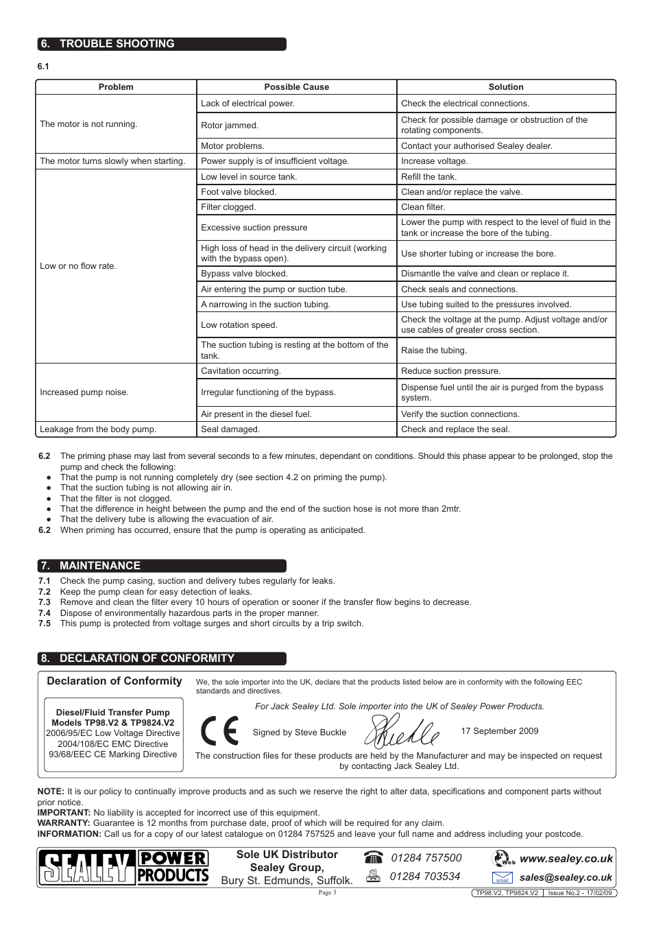 Trouble shooting declaration of conformity, Declaration of conformity, Maintenance | Sealey TP98 User Manual | Page 3 / 3