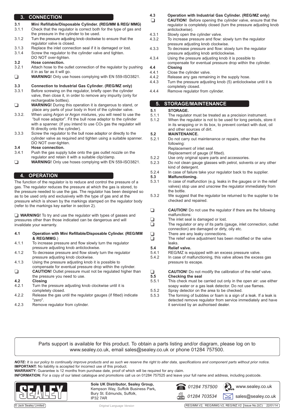 Connection 4. operation 5. storage/maintenance | Sealey REG/MM User Manual | Page 2 / 2