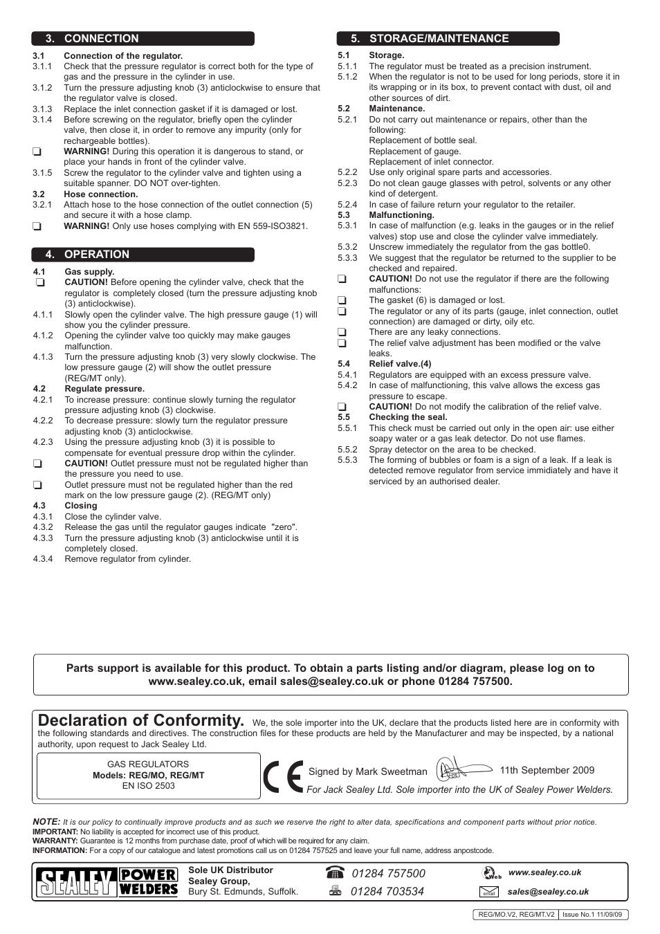 Declaration of conformity, Connection 5. storage/maintenance 4. operation | Sealey REG/MO User Manual | Page 2 / 2