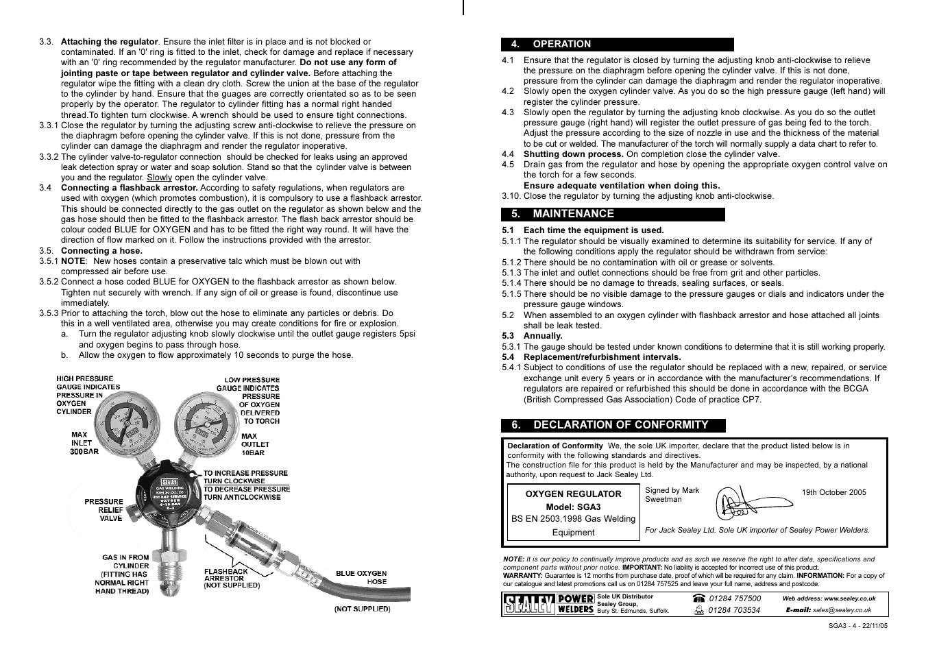 Declaration of conformity 5. maintenance | Sealey SGA3 User Manual | Page 2 / 2