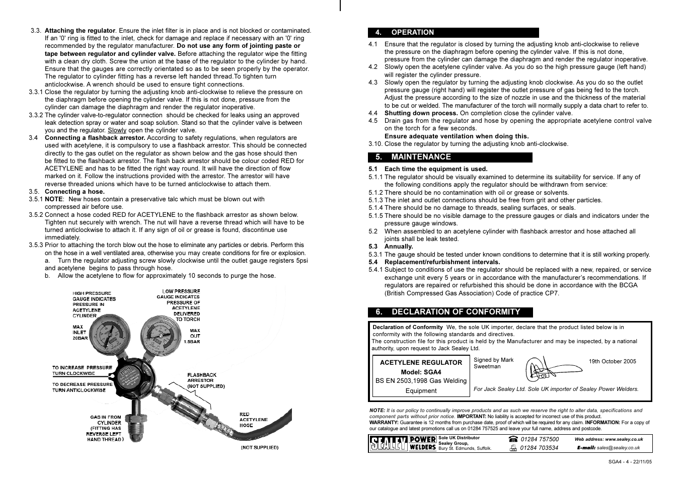 Declaration of conformity 5. maintenance | Sealey SGA4 User Manual | Page 2 / 2