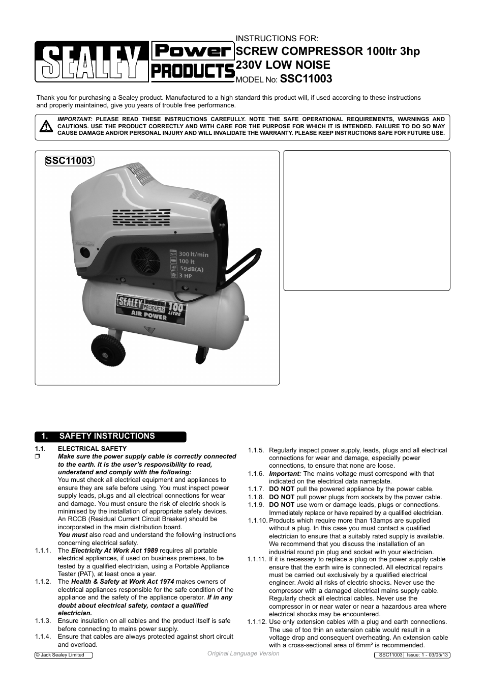 Sealey SSC11003 User Manual | 9 pages