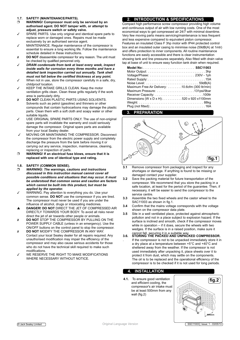 Fig.1, Fig.2, Introduction & specifications 3. preparation | Installation | Sealey SSC11003 User Manual | Page 3 / 9