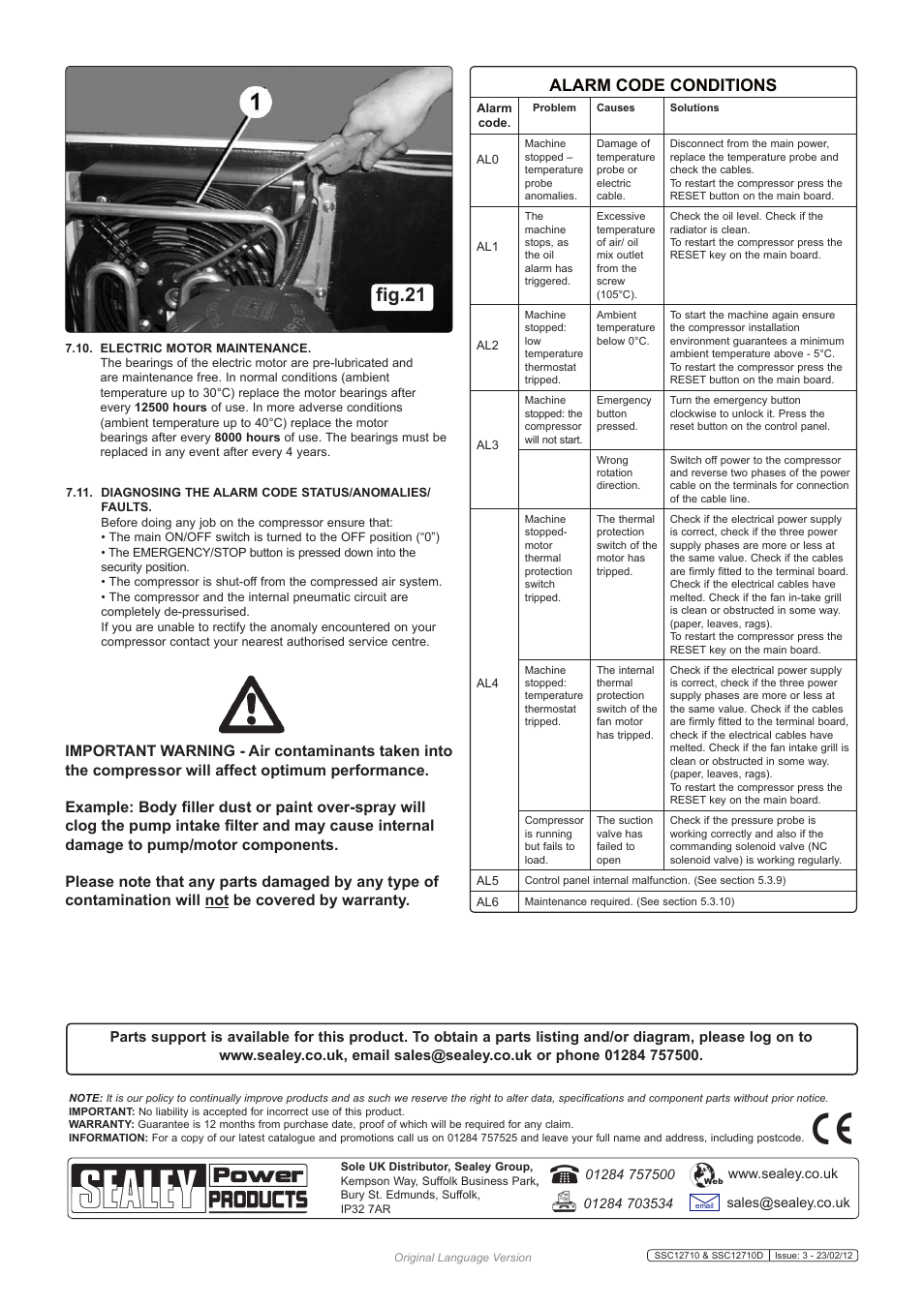 Fig.21, Alarm code conditions | Sealey SSC12710 User Manual | Page 13 / 14