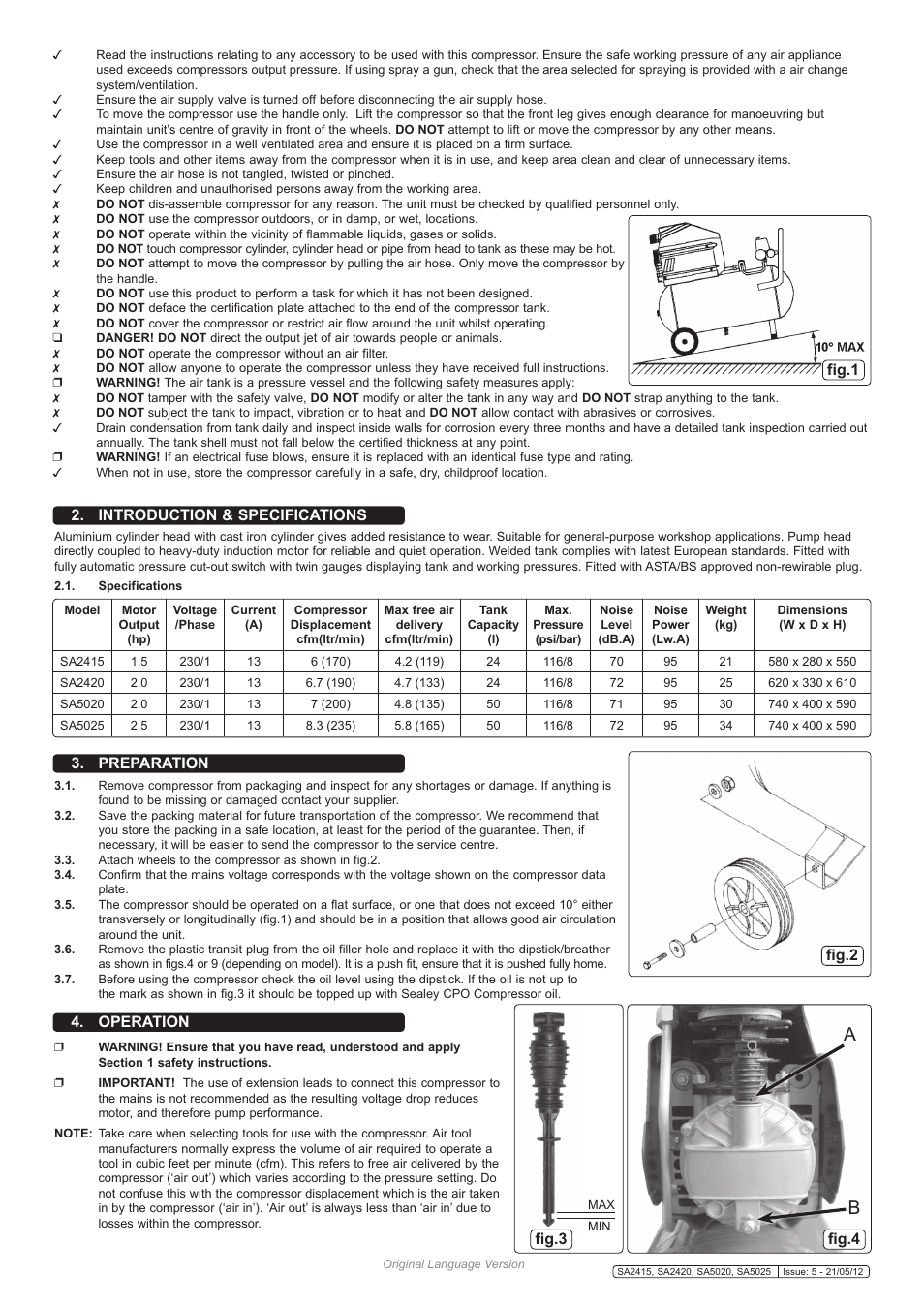 Introduction & specifications, Preparation, Fig.4 fig.3 fig.1 | Operation, Fig.2 | Sealey SA2415 User Manual | Page 2 / 6