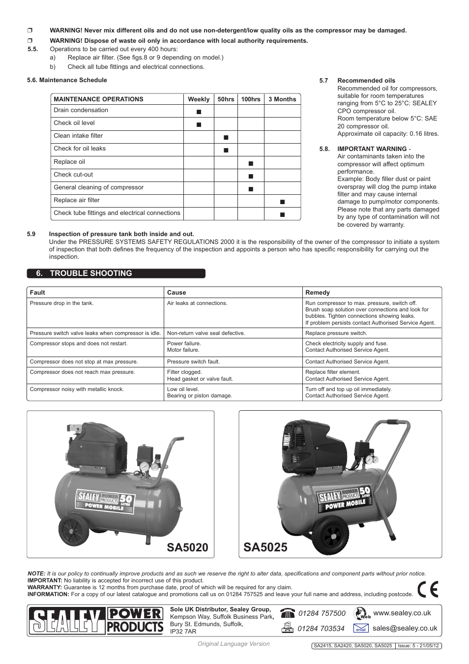 Sa5025, Sa5020, Trouble shooting | Sealey SA2415 User Manual | Page 4 / 6