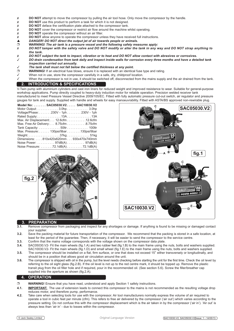 Operation 2. introduction & specifications, Preparation | Sealey SAC05030 User Manual | Page 2 / 4