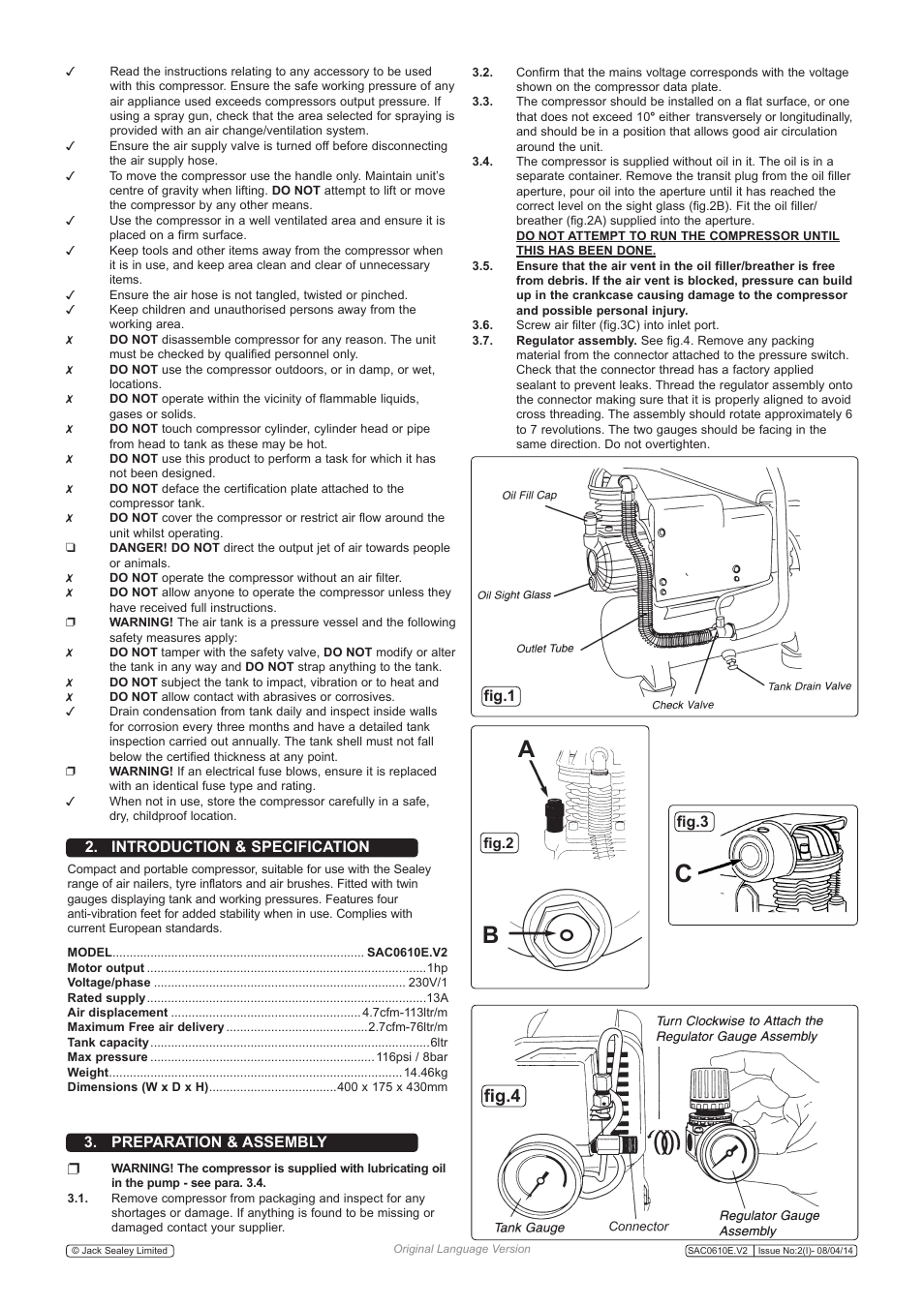 Fig.4, Introduction & specification, Preparation & assembly | Fig.3 fig.1 | Sealey SAC0610E User Manual | Page 2 / 4