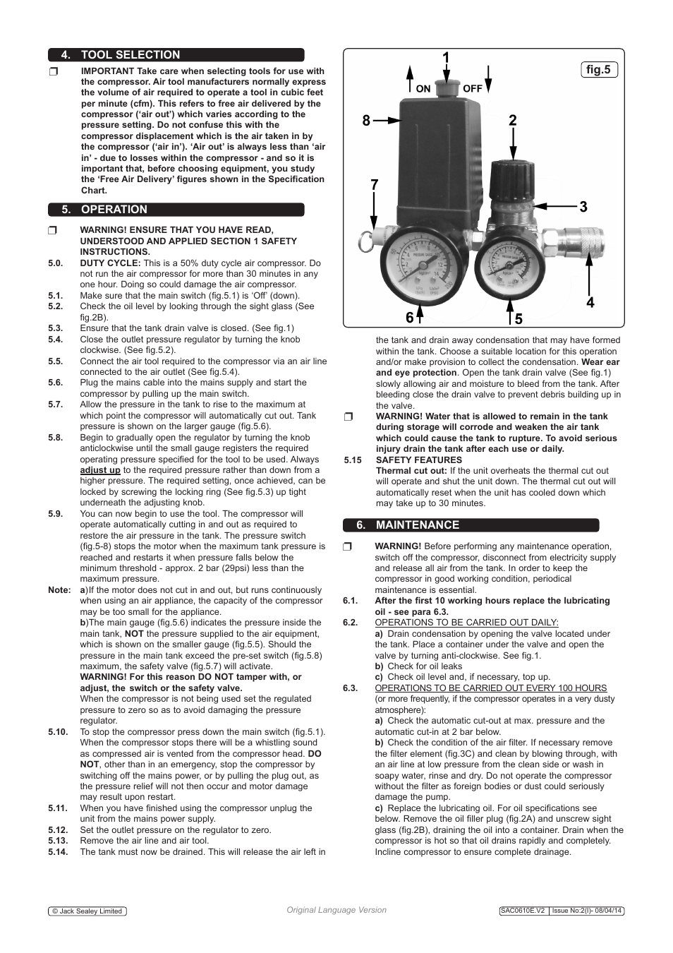 Tool selection, Operation 6. maintenance, Fig.5 | Sealey SAC0610E User Manual | Page 3 / 4