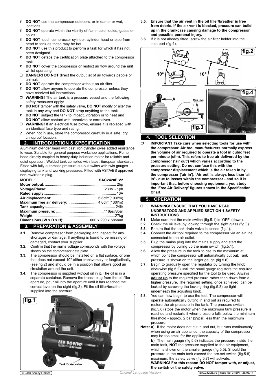 Fig.2 fig.3 fig.4, Fig.1, Tool selection | Operation | Sealey SAC2420E User Manual | Page 2 / 4