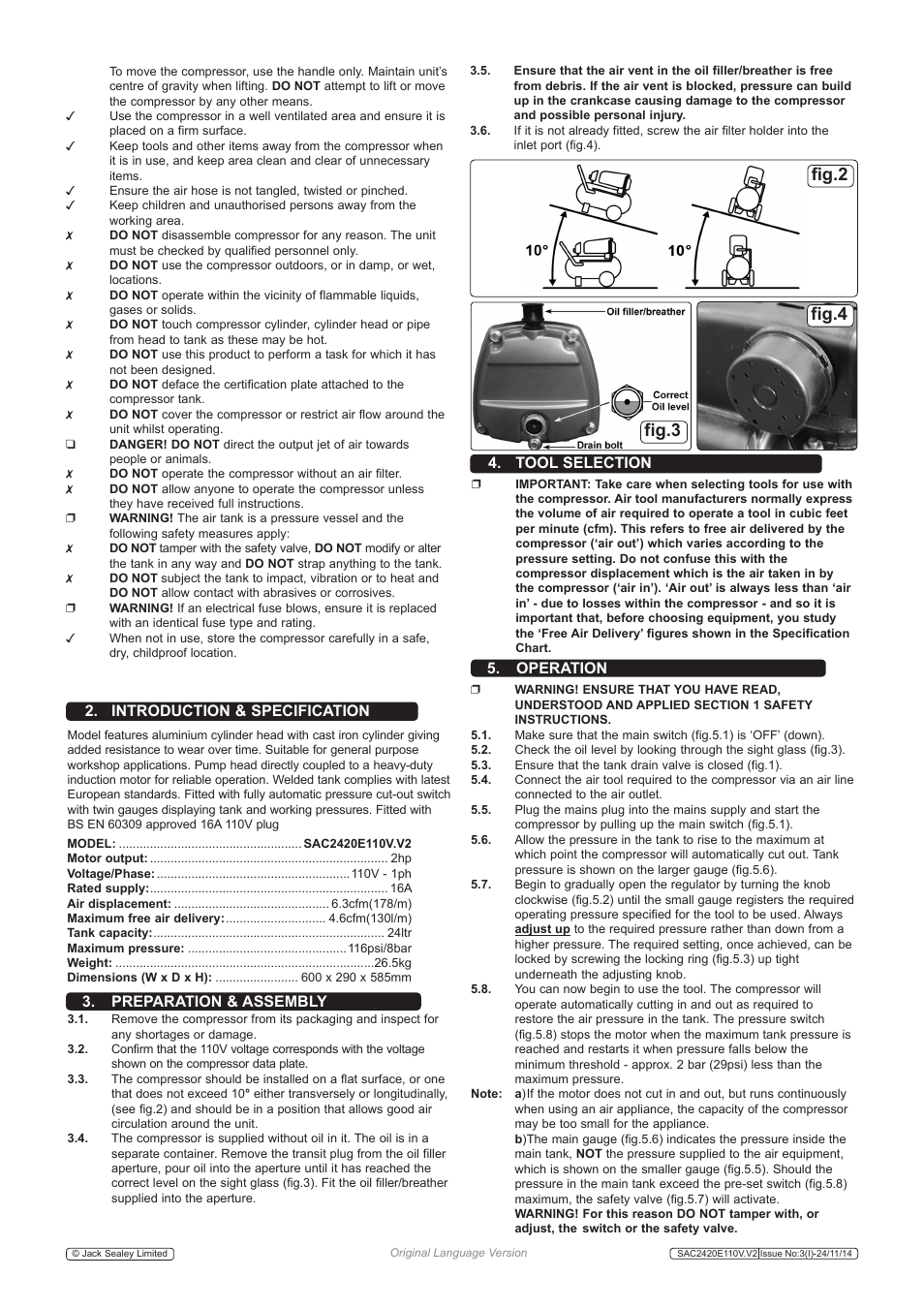 Fig.2 fig.3 fig.4, Tool selection, Operation | Introduction & specification, Preparation & assembly | Sealey SAC2420E110V User Manual | Page 2 / 4