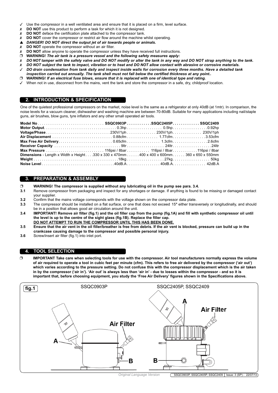Introduction & specification, Preparation & assembly 4. tool selection | Sealey SSQC0903P User Manual | Page 2 / 5