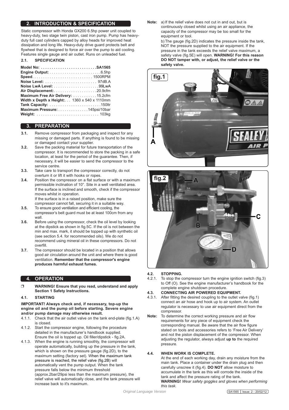 Fig.1, Fig.2, Introduction & specification | Preparation, Operation | Sealey SA1565 User Manual | Page 2 / 5