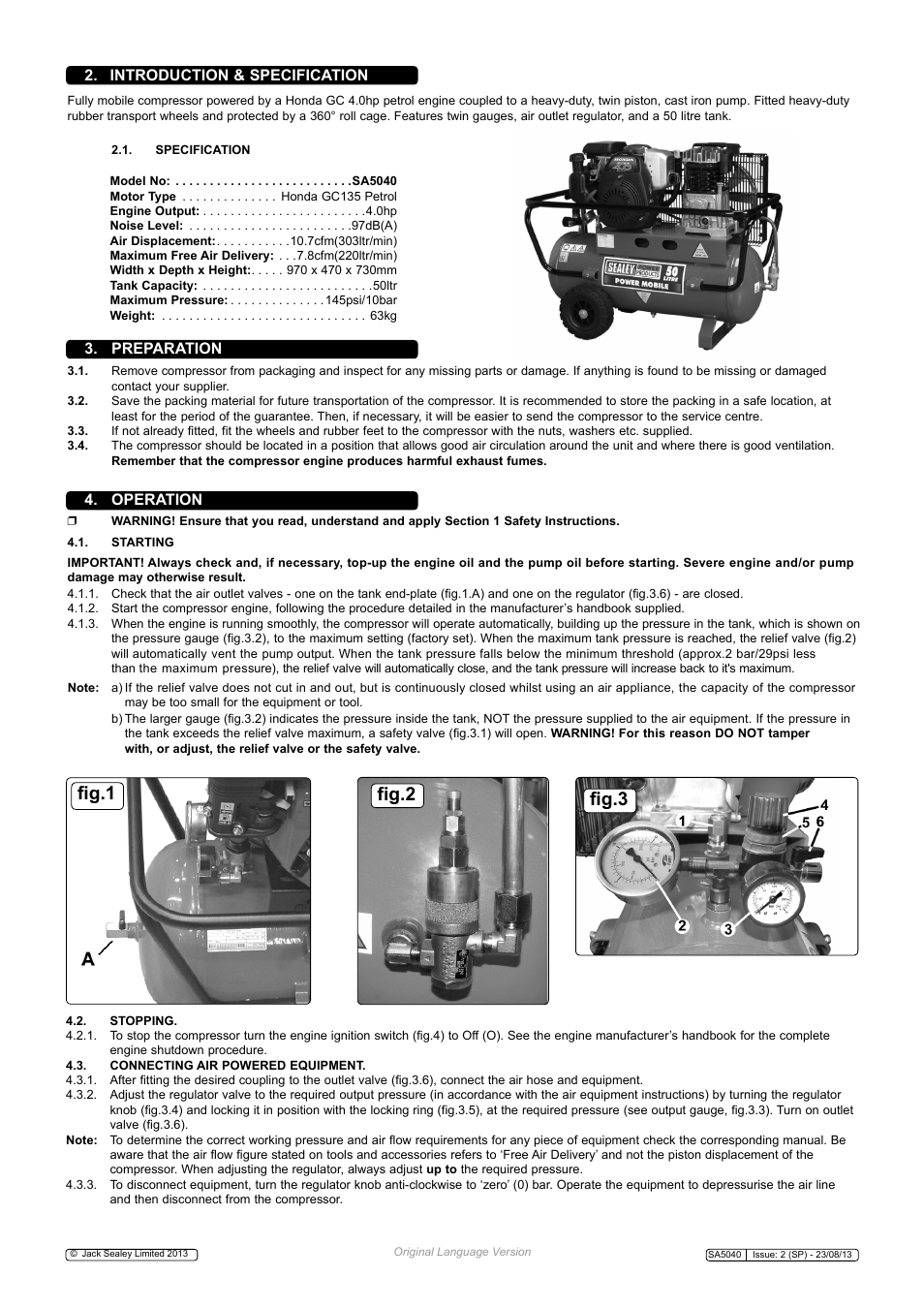 Fig.1, Fig.2 fig.3, Introduction & specification | Preparation, Operation | Sealey SA5040 User Manual | Page 2 / 4