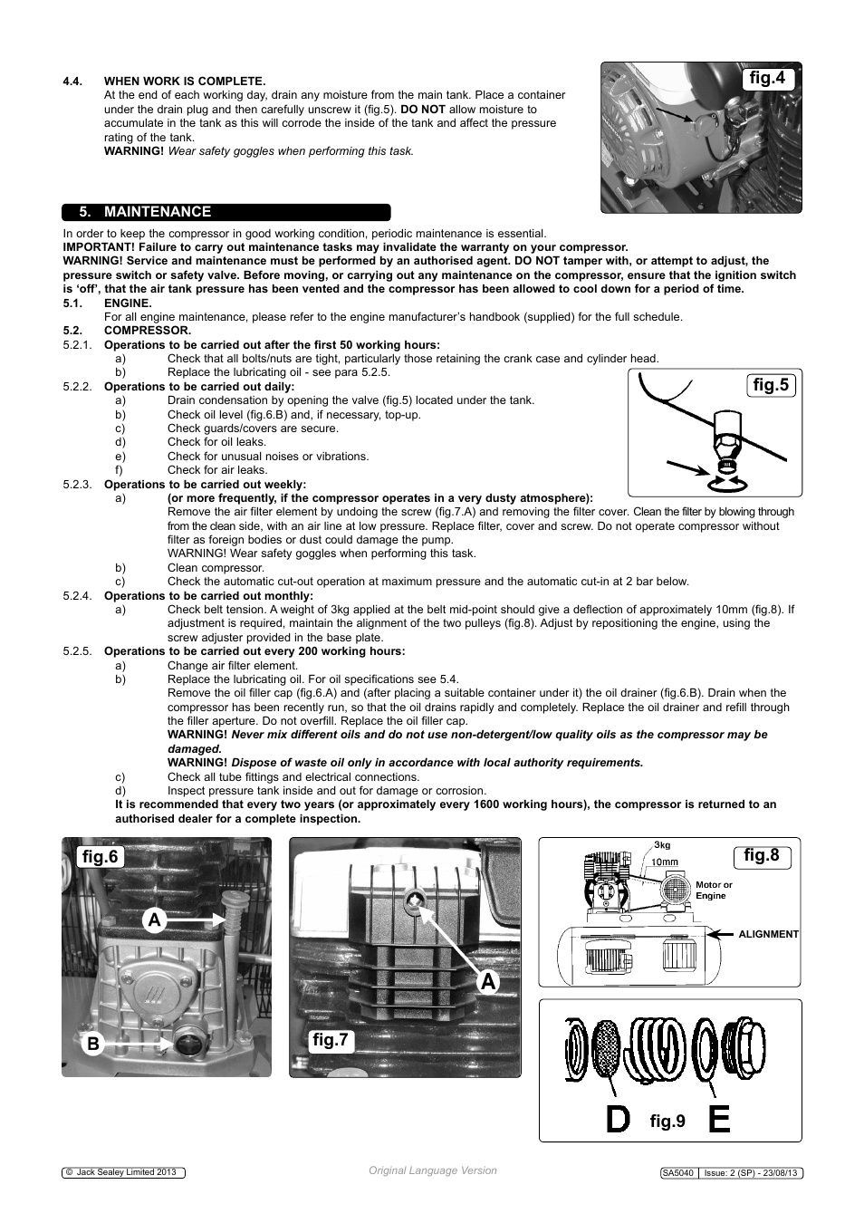 Fig.4 fig.9, Fig.5 fig.6 fig.8 fig.7, Maintenance | Sealey SA5040 User Manual | Page 3 / 4