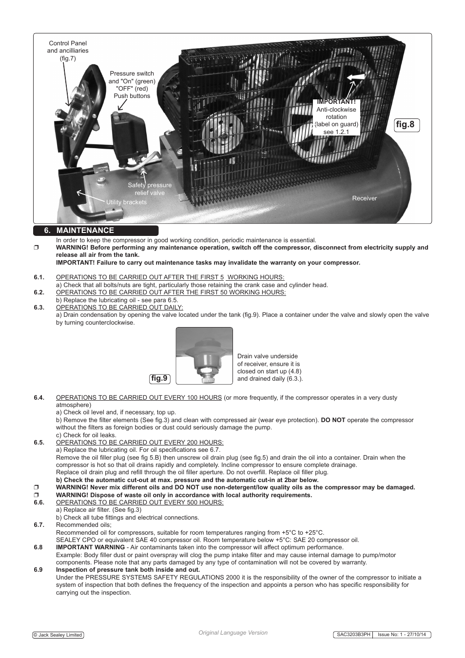 Fig.8, Fig.9, Maintenance | Sealey SAC3203B3PH User Manual | Page 4 / 6