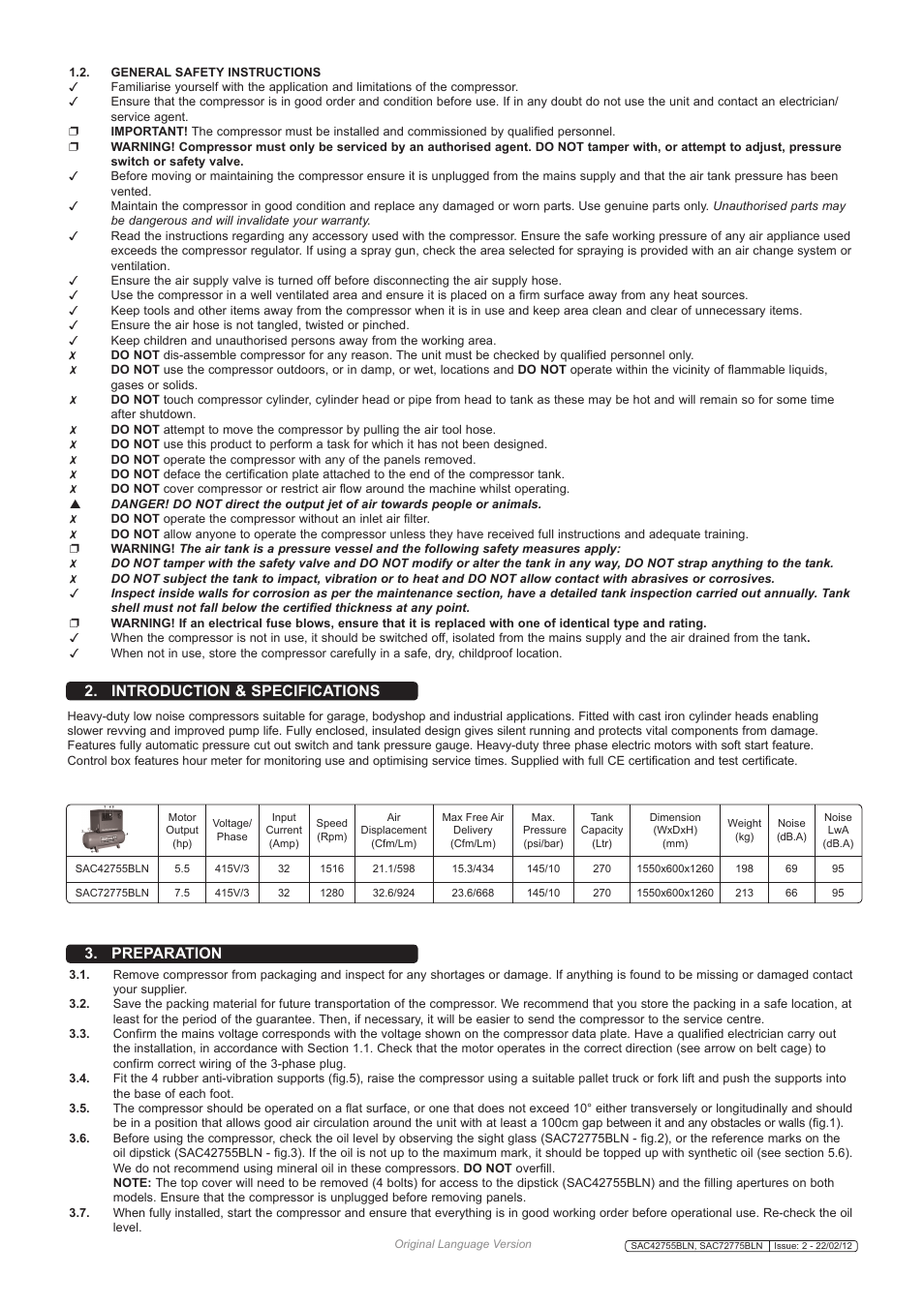 Introduction & specifications, Preparation | Sealey SAC42755BLN User Manual | Page 2 / 6