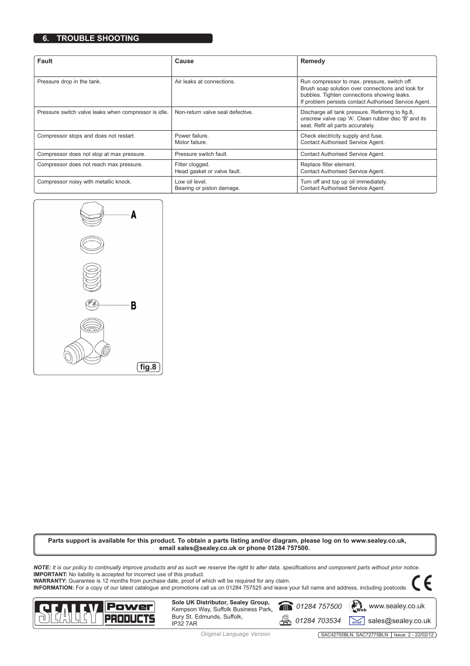 Trouble shooting, Fig.8 | Sealey SAC42755BLN User Manual | Page 5 / 6