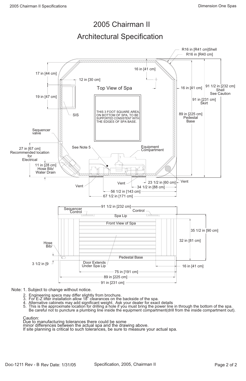 2005 chairman ii, Architectural specification | Dimension One Spas Chairman II User Manual | Page 2 / 2