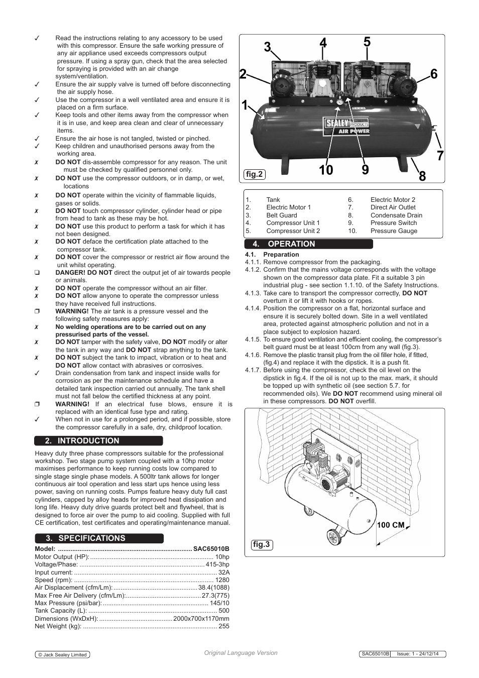 Introduction fig.2 3. specifications, Operation, Fig.3 | Sealey SAC65010B User Manual | Page 2 / 6