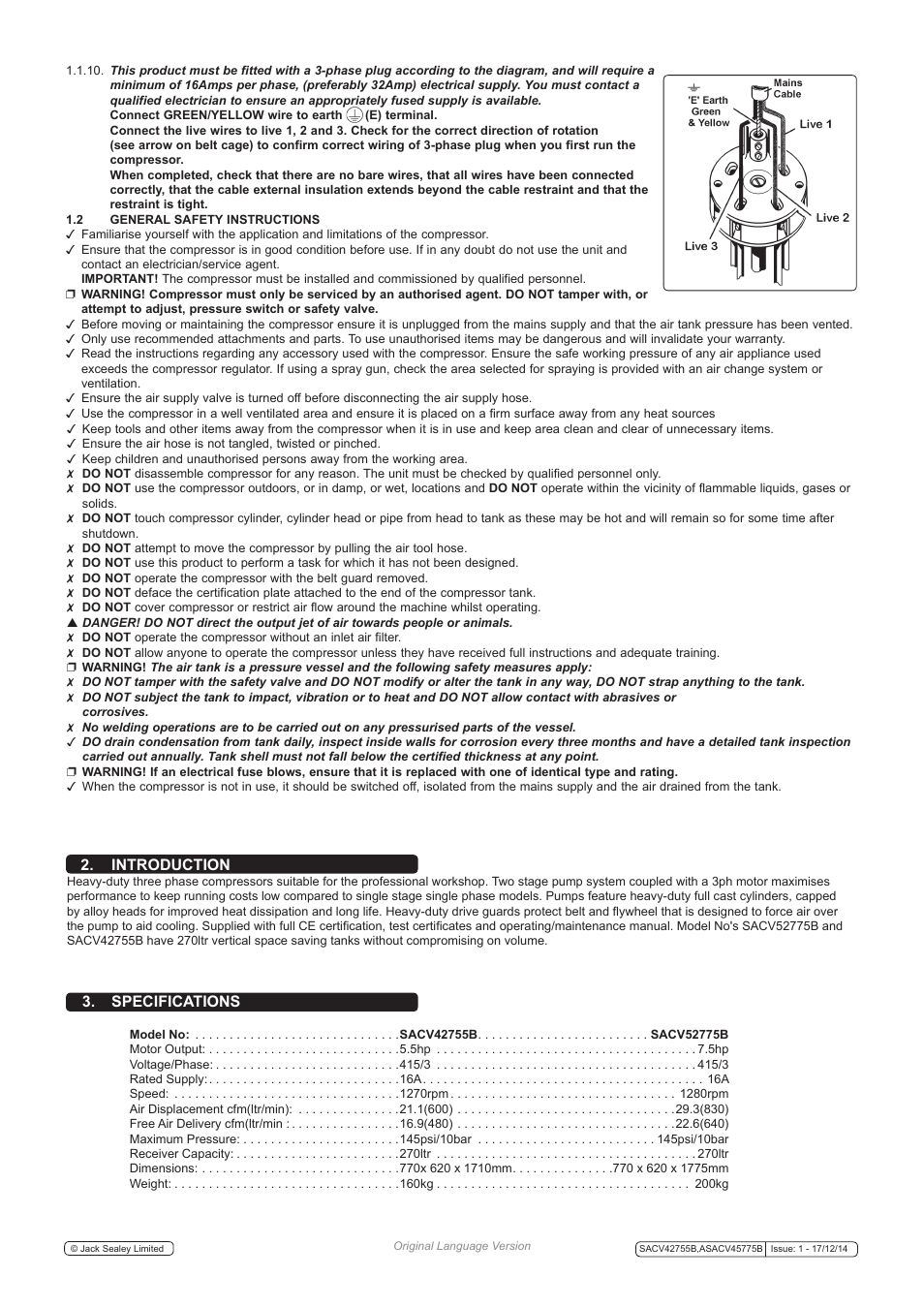 Introduction 3. specifications | Sealey SACV42755B User Manual | Page 2 / 8