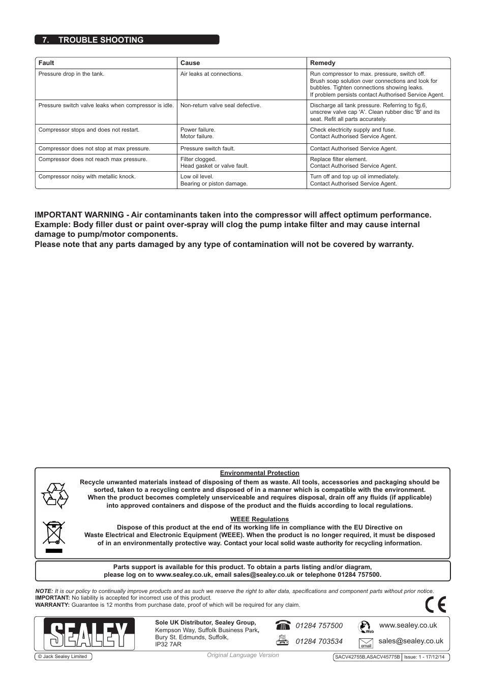 Trouble shooting | Sealey SACV42755B User Manual | Page 5 / 8