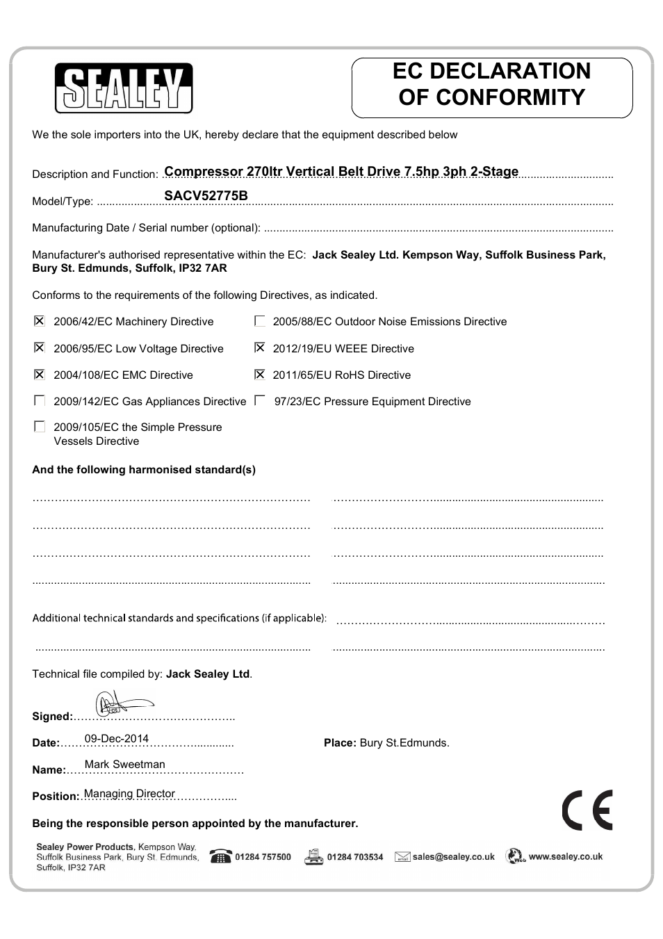 Ec declaration of conformity | Sealey SACV42755B User Manual | Page 8 / 8