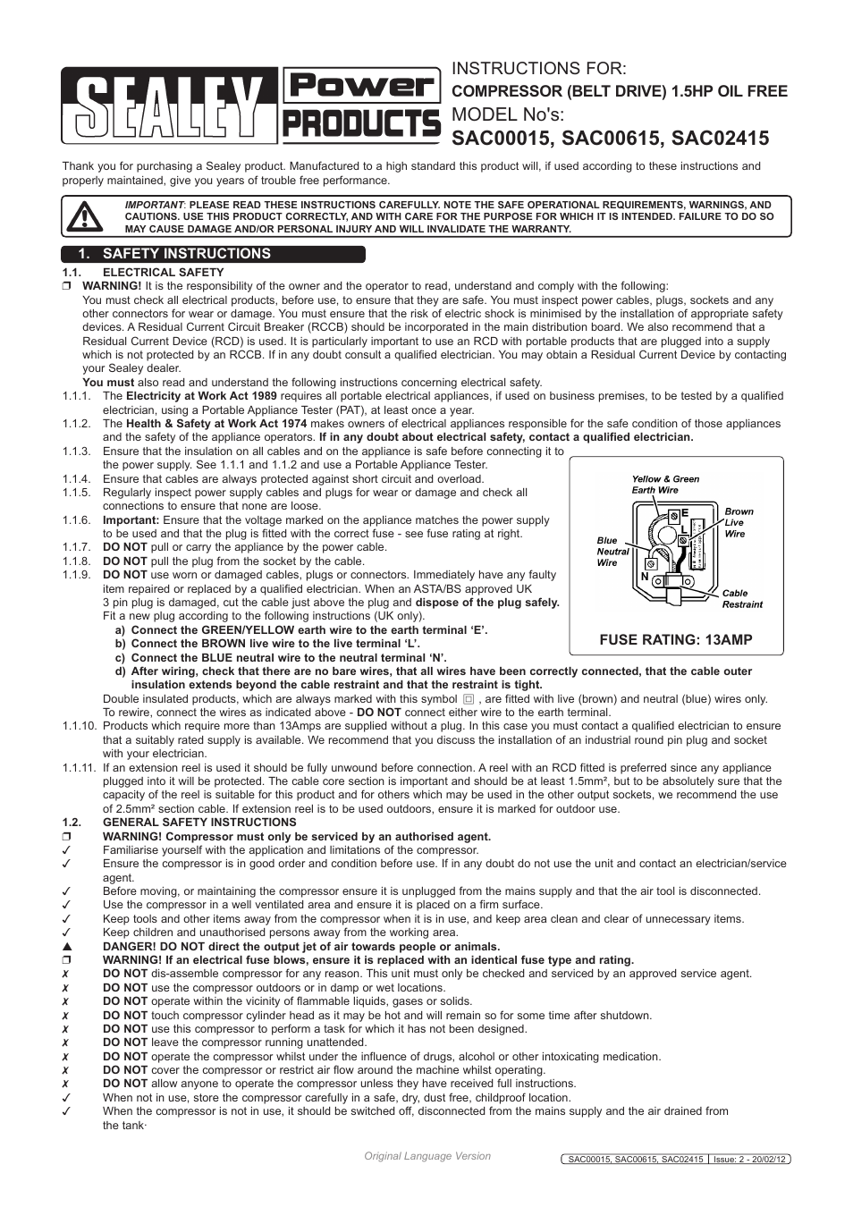 Sealey SAC00015 User Manual | 3 pages