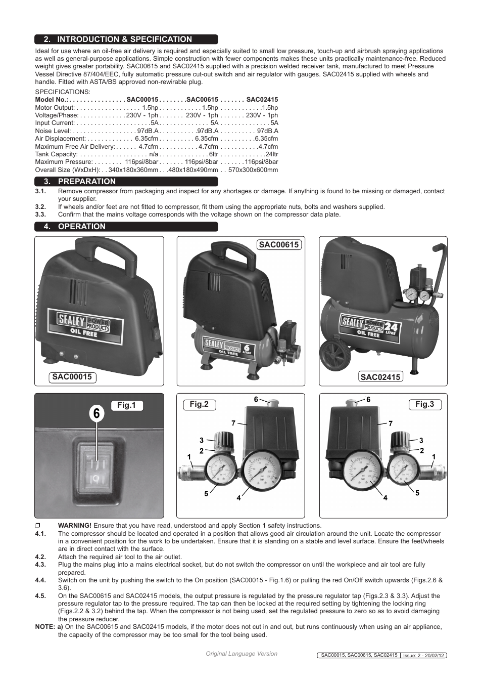 Introduction & specification, Preparation, Operation | Sealey SAC00015 User Manual | Page 2 / 3