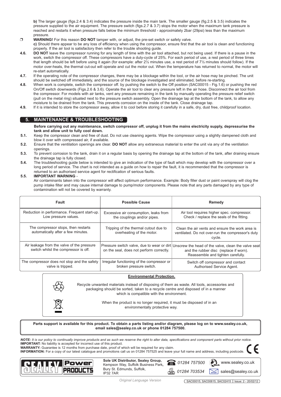 Maintenance & troubleshooting | Sealey SAC00015 User Manual | Page 3 / 3