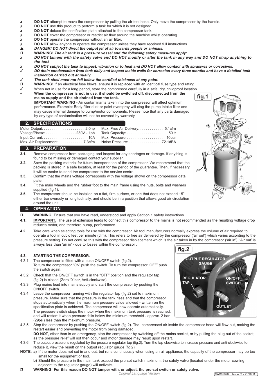 Fig.1, Fig.2, Operation 2. specifications 3. preparation | Sealey SAC05020 User Manual | Page 2 / 4