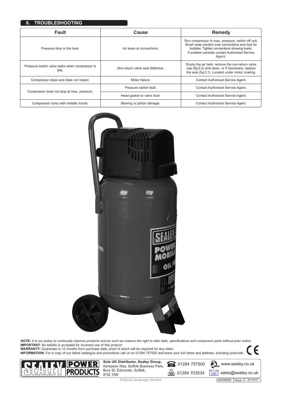 Troubleshooting fault cause remedy | Sealey SAC05020 User Manual | Page 4 / 4