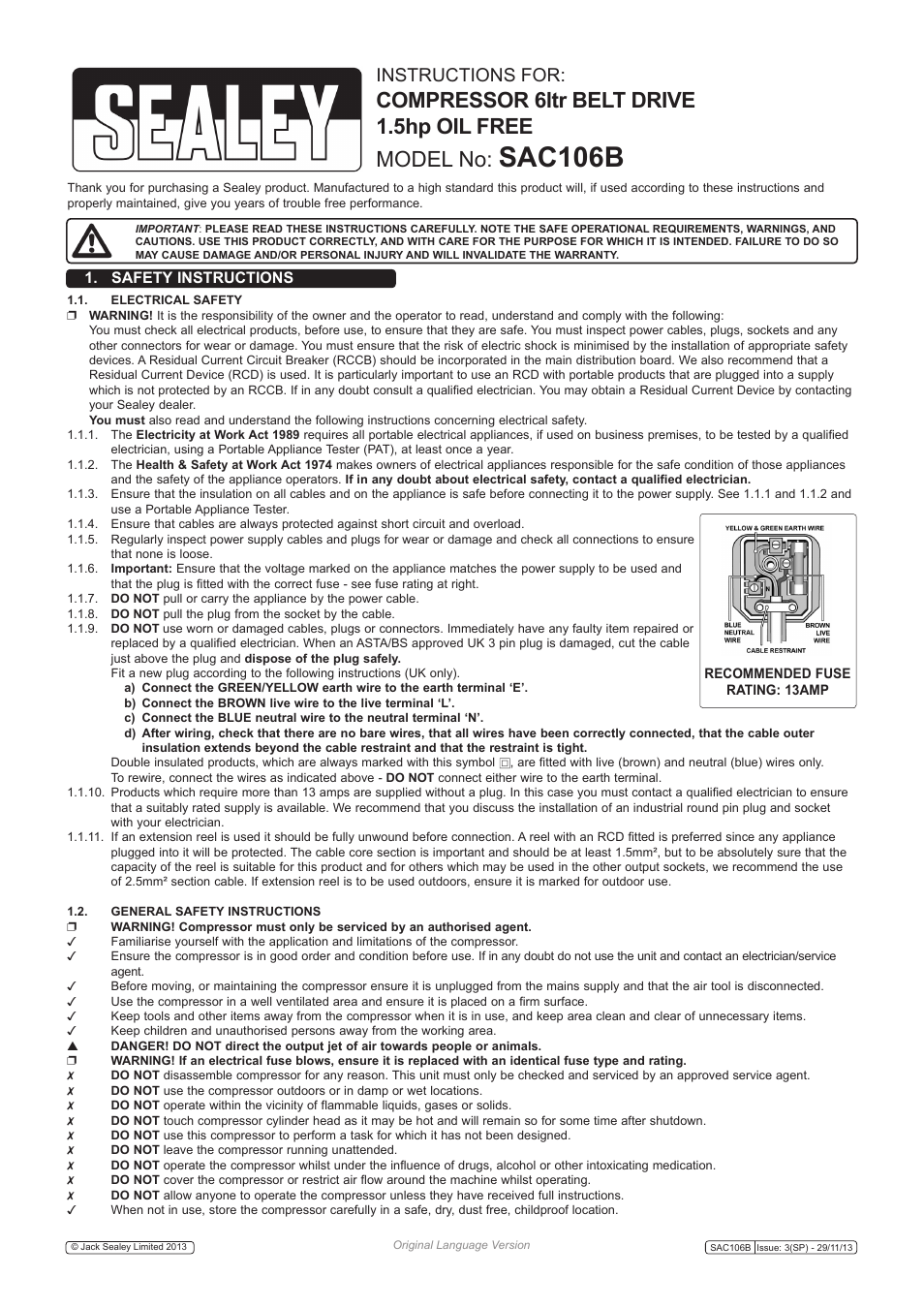 Sealey SAC106B User Manual | 3 pages