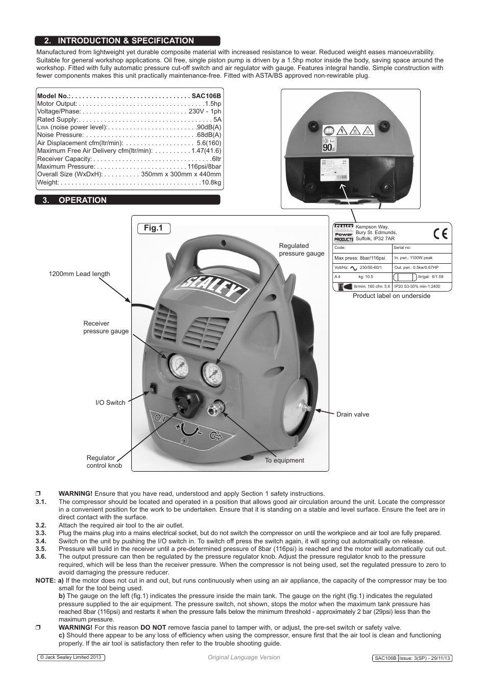 Introduction & specification, Operation, Fig.1 | Sealey SAC106B User Manual | Page 2 / 3
