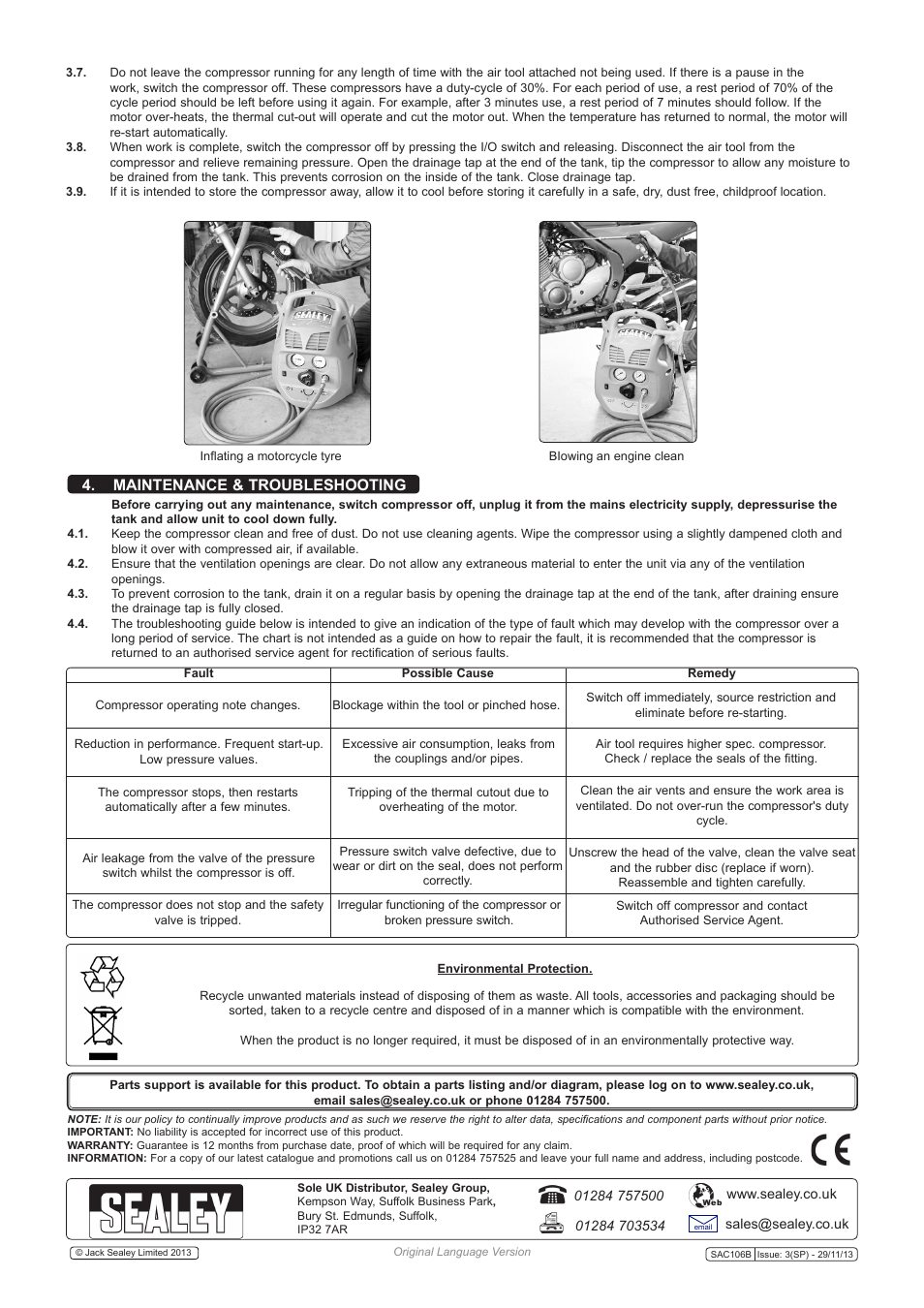 Maintenance & troubleshooting | Sealey SAC106B User Manual | Page 3 / 3