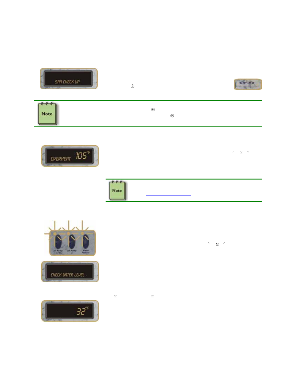 Spa check up, Overheat, Flashing display and/or “check water level | Erroneous temperature on the display | Dimension One Spas Bay Collection User Manual | Page 36 / 72