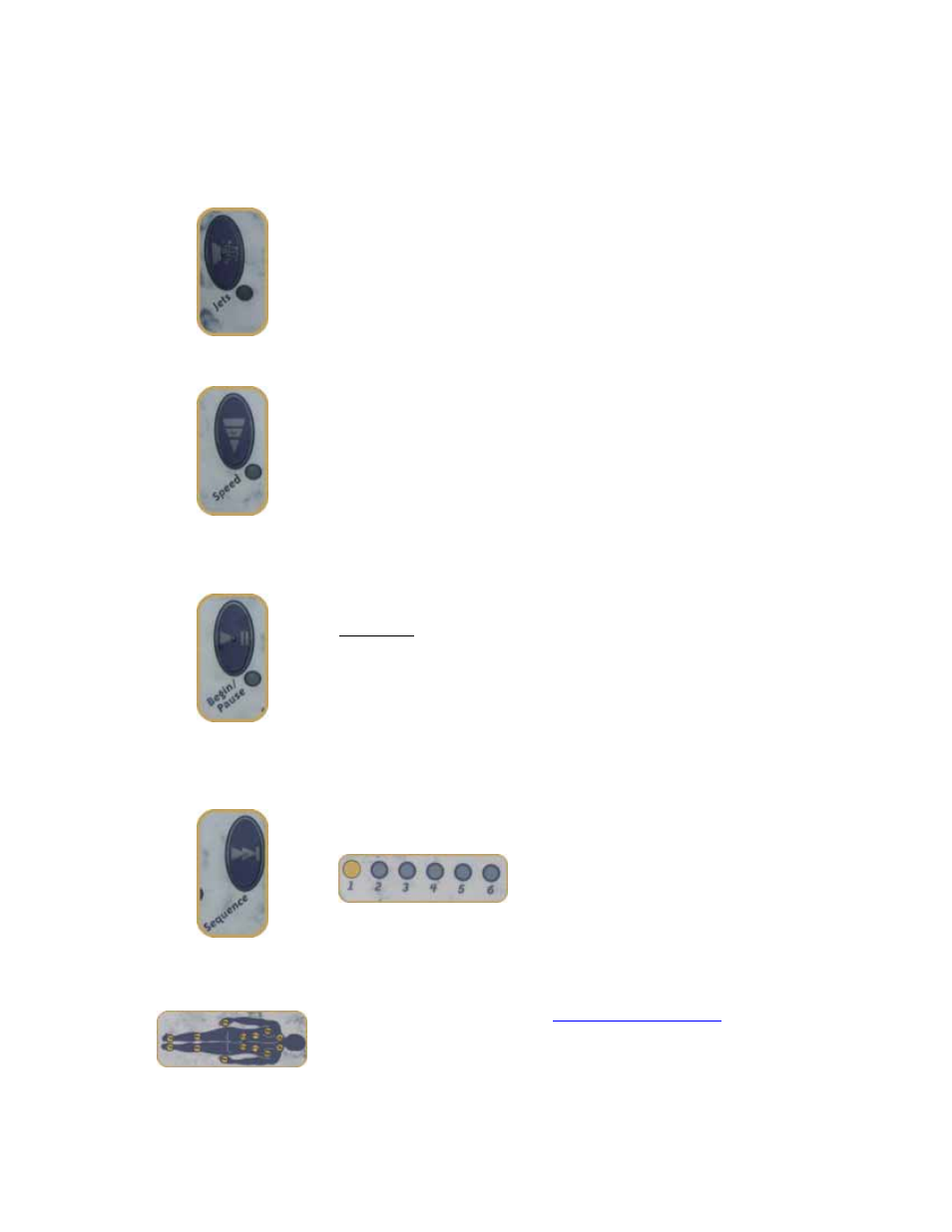 Jets button, Speed button, Begin/pause button | Sequence button, Massage zones | Dimension One Spas Bay Collection User Manual | Page 42 / 72
